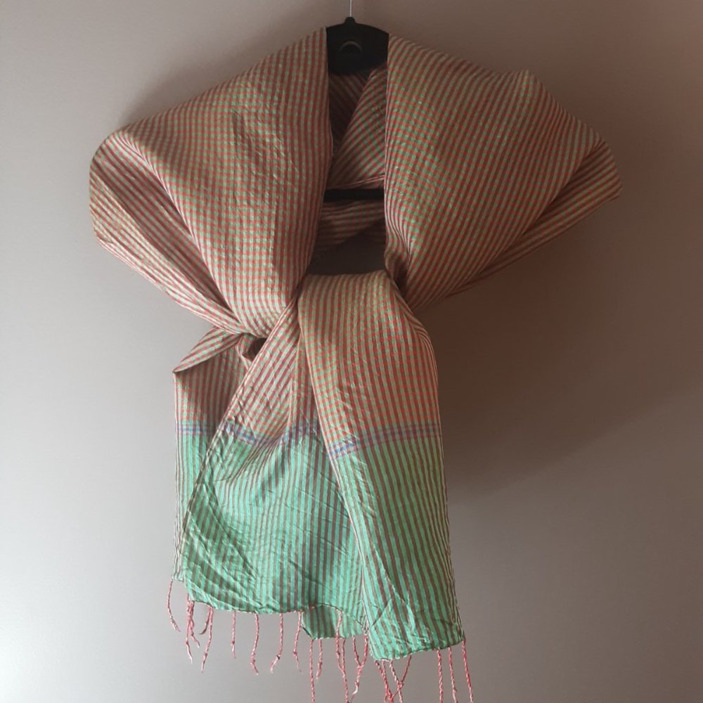 Green Tan Red Checked Plaid Scarf Oblong